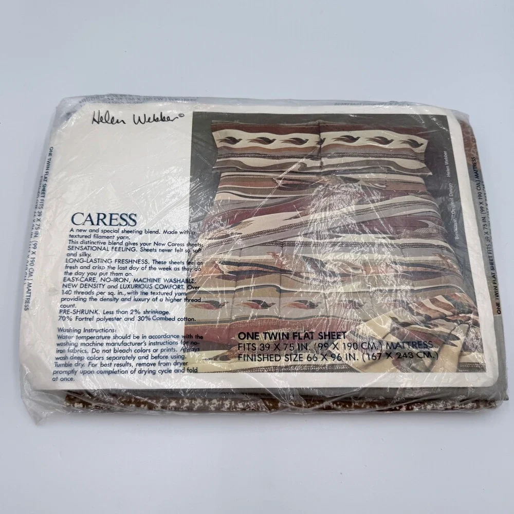 Vintage Burlington Helen Webber Birdscape Twin Flat Sheet MCM Brown Tan NEW